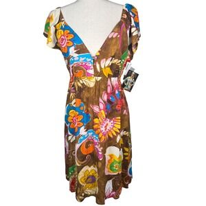 Jams World Choco Love Dress L Brown Floral Flutter Sleeve V Neck Mini NWT Hawaii